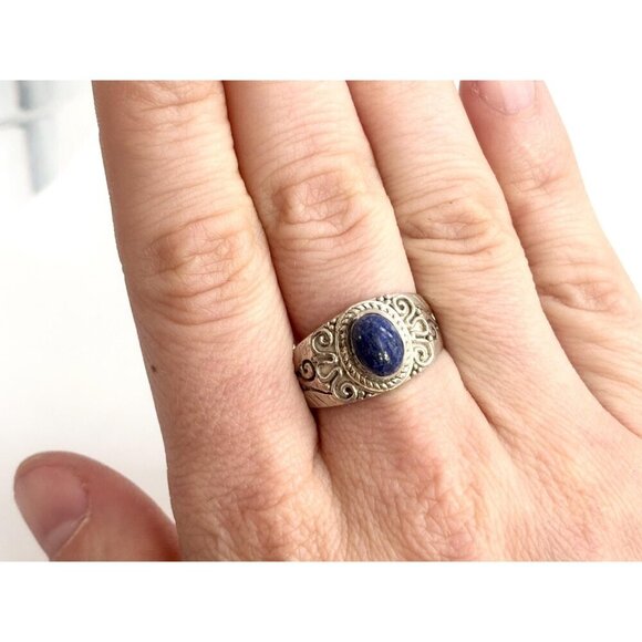 Lapis Lazuli Oval Cut Gemstone Art Nouveau Sterling Silver Vintage Ring sz 8.75 - Picture 7 of 10